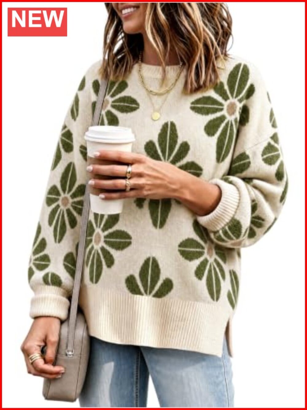 Oversized Floral Knit Pullover Sweater Crew Neck Long Sleeve Cottagecore Fall